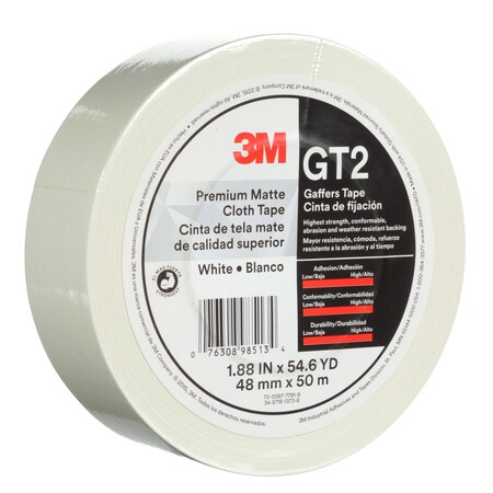 3M Premium Matte Cloth (Gaffers) Tape Gt2, White, 48 Mm X 50 M 11 Mil 7010375514